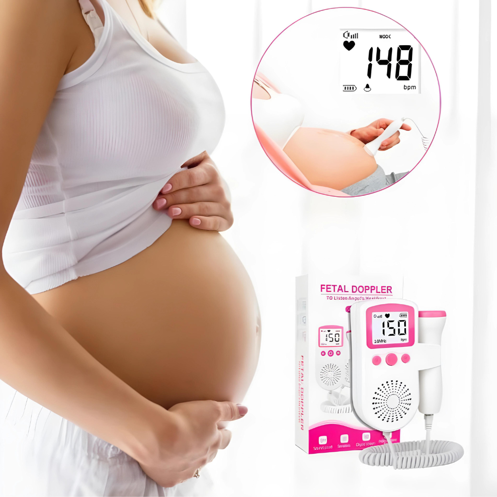 Fetal Doppler monitor with pink display and speaker, handheld home heartbeat listener