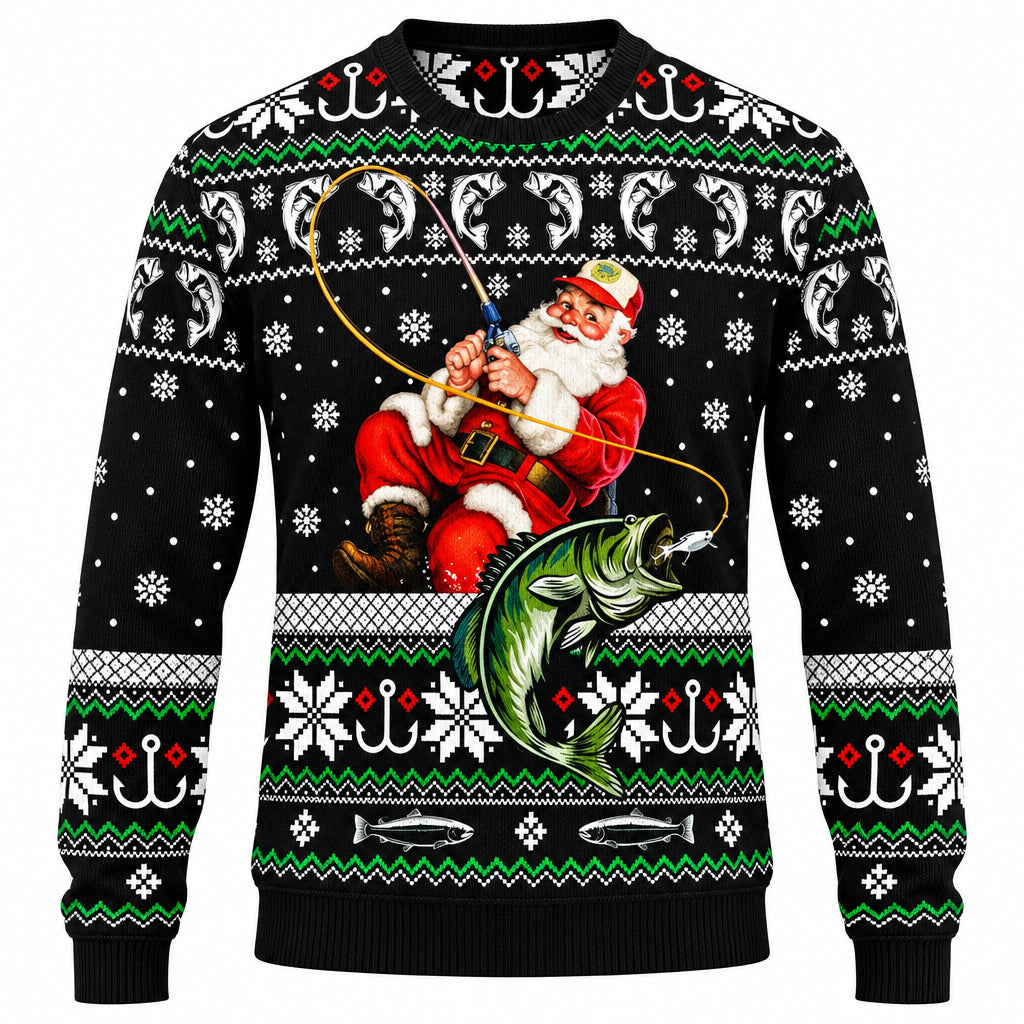 Black Christmas sweater with Santa holding fishing rod graphic and green Fair Isle trim