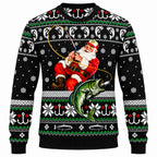 Black Christmas sweater with Santa holding fishing rod graphic and green Fair Isle trim