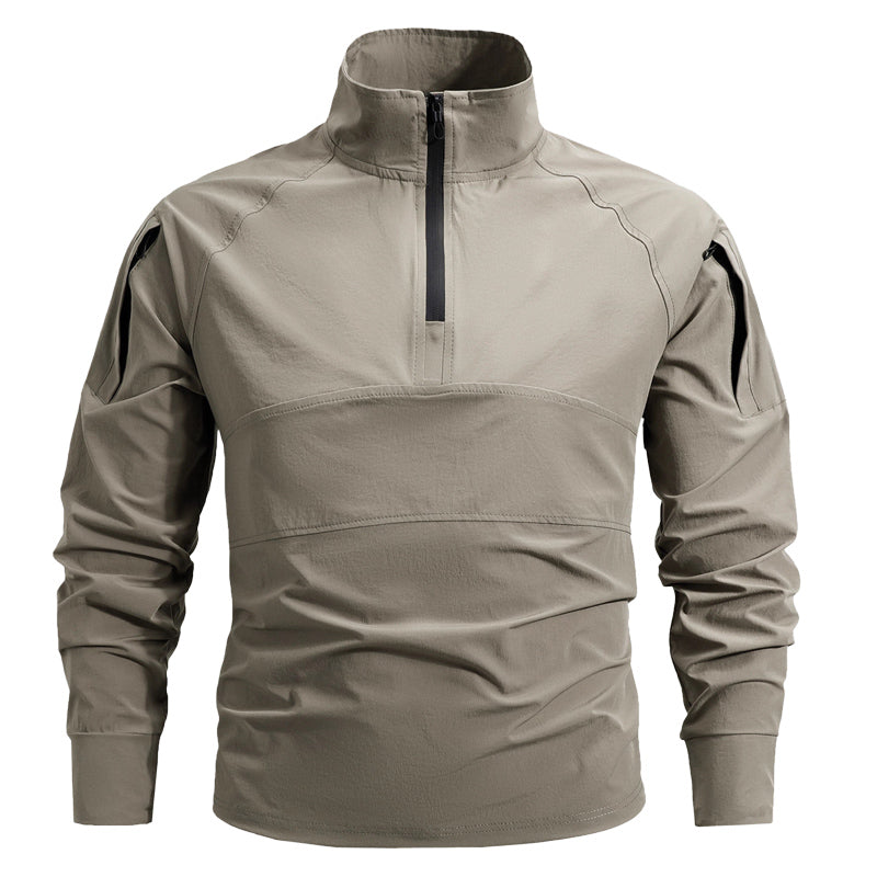 Morano | Combat Shirt for Men - 1/4 Zip Mock Neck Long Sleeve Stretch Quick Dry Athletic Fit-Tactical Top-Khaki-M-Camoufit