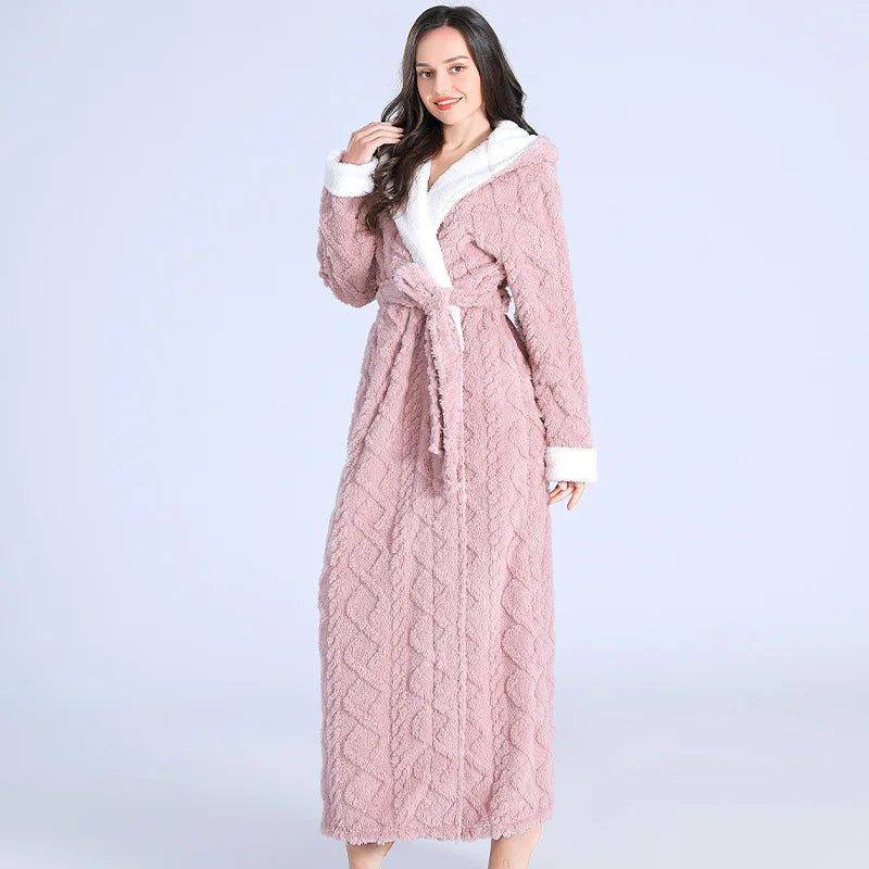 Women's hooded flannel robe, dusty pink, textured knit, belted front with hood