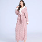 Women's hooded flannel robe, dusty pink, textured knit, belted front with hood