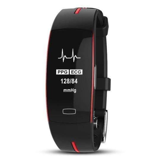 Black smart fitness tracker with OLED display and red ECG/PPG text on screen