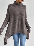 Women's loose turtleneck sweater in dark taupe, long sleeves, ribbed cuffs, asym hem