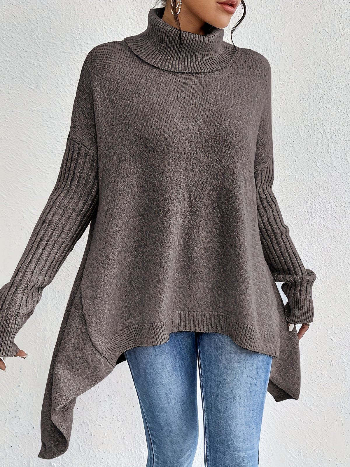 Women's loose turtleneck sweater in dark taupe, long sleeves, ribbed cuffs, asym hem