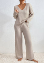 Amélis | Soft Knit Set for Women - V Neck Ribbed Sweater Trousers Relaxed Cosy Two Piece Fit-Loungewear set-Beige-S-Camoufit