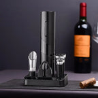 Electric wine opener set on base stand with foil cutter and drip-stop collar