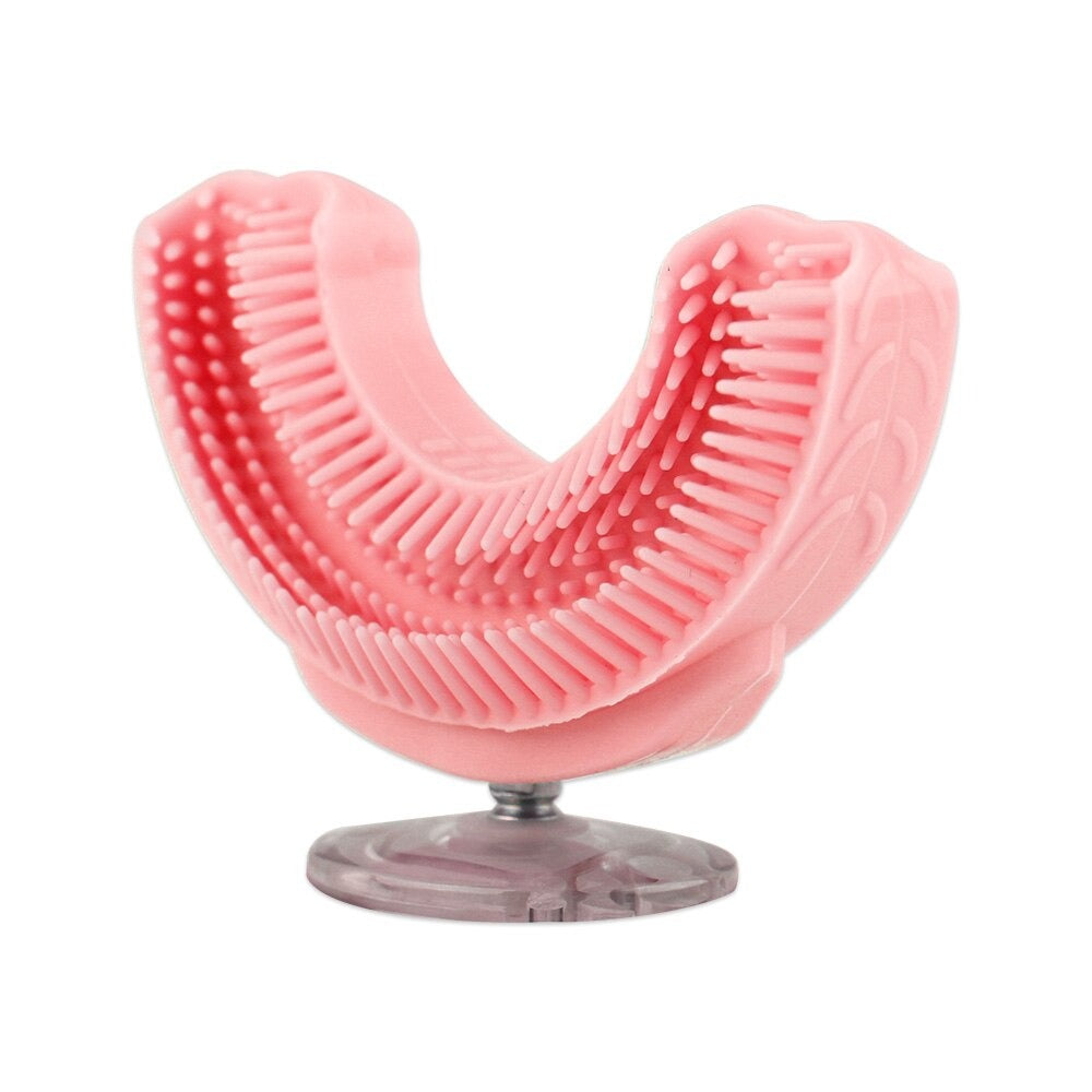 Pink U-shaped soft silicone brush head on clear standing base
