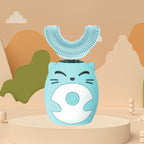 Blue cat-face kids electric toothbrush with soft silicone bristles and button