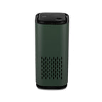 Green cylindrical air purifier with top controls and front vent grille