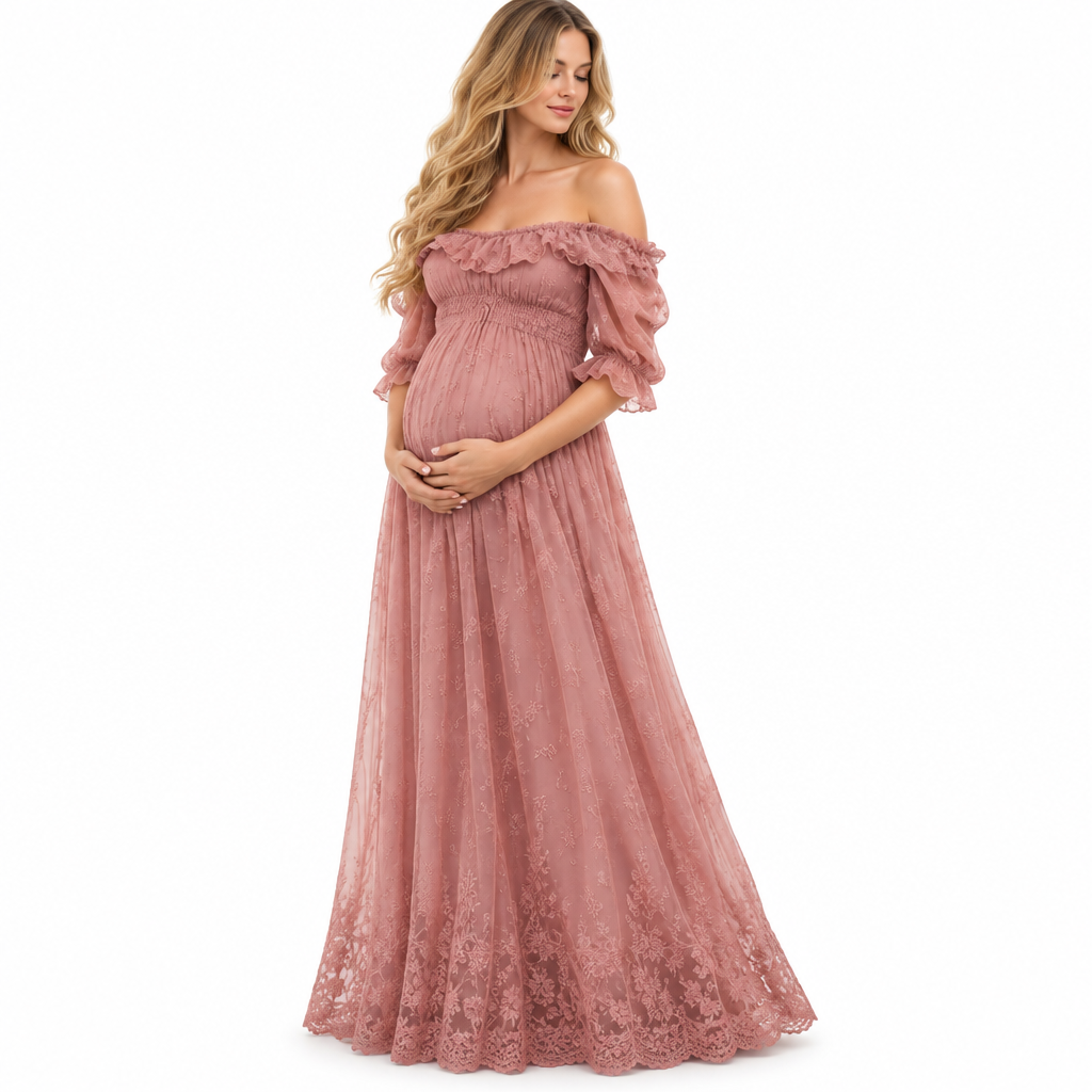 Pink off-shoulder maternity midi dress with ruffled boat neckline, tiered skirt