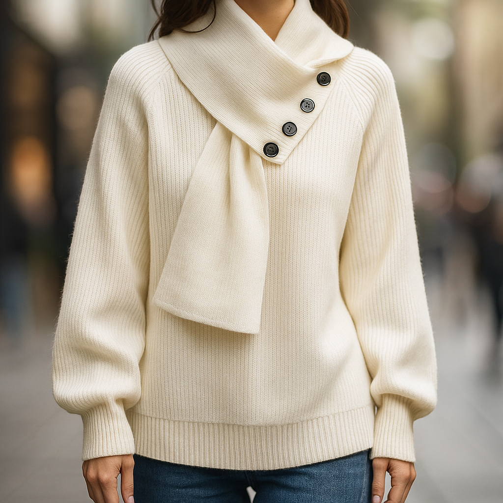 Women’s cream knit sweater with attached scarf-style tie neckline and button detail