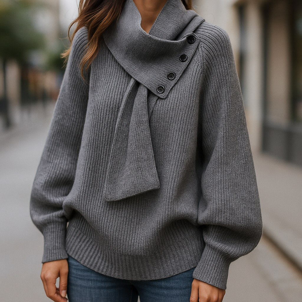 Women’s gray knit sweater with attached scarf-style neck tie and dark buttons