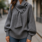 Women’s gray knit sweater with attached scarf-style neck tie and dark buttons