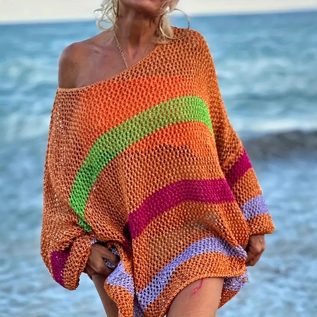 Yavina | Women's Hollow Out Beach Cover Up Rainbow Knit Long Sleeve Loose Cossie Kaftan Top-Women's Sweater-Orange-S-