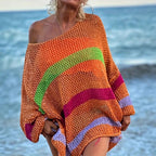 Yavina | Women's Hollow Out Beach Cover Up Rainbow Knit Long Sleeve Loose Cossie Kaftan Top-Women's Sweater-Orange-S-