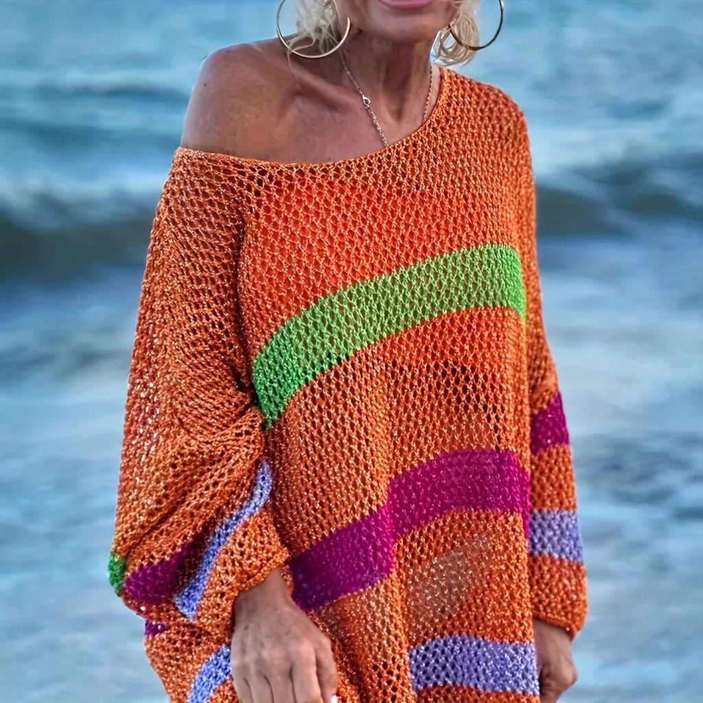 Yavina | Women's Hollow Out Beach Cover Up Rainbow Knit Long Sleeve Loose Cossie Kaftan Top-Women's Sweater-Orange-S-