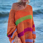 Yavina | Women's Hollow Out Beach Cover Up Rainbow Knit Long Sleeve Loose Cossie Kaftan Top-Women's Sweater-Orange-S-