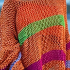 Yavina | Women's Hollow Out Beach Cover Up Rainbow Knit Long Sleeve Loose Cossie Kaftan Top-Women's Sweater-Orange-S-