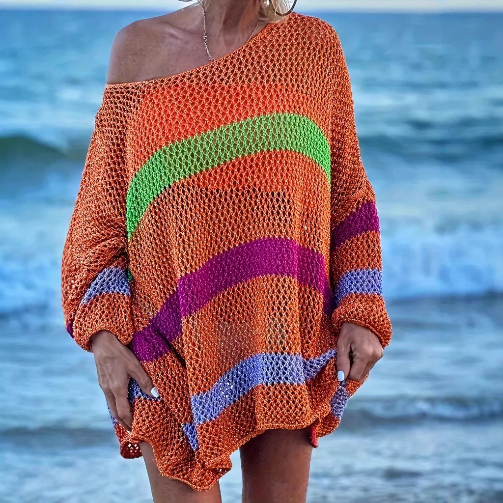 Yavina | Women's Hollow Out Beach Cover Up Rainbow Knit Long Sleeve Loose Cossie Kaftan Top-Women's Sweater-Orange-S-