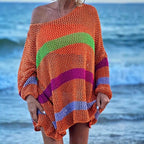 Yavina | Women's Hollow Out Beach Cover Up Rainbow Knit Long Sleeve Loose Cossie Kaftan Top-Women's Sweater-Orange-S-