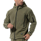 Men's fleece jacket with hood, full-zip front, front pockets, olive green