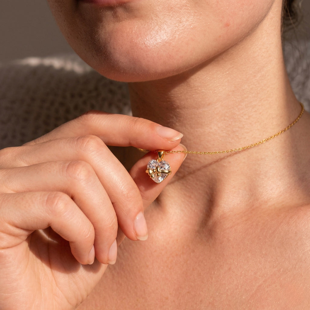 Yavina | Heart Necklace for Women - Gold Bow Sparkling Stone Delicate Elegant Fit-Necklaces-Gold-Camoufit