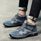 Unisex winter boots in dark gray-blue suede with faux fur collar and grip tread