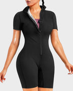 Black short-sleeve full-body sauna shaper jumpsuit with front zipper and waist shaping