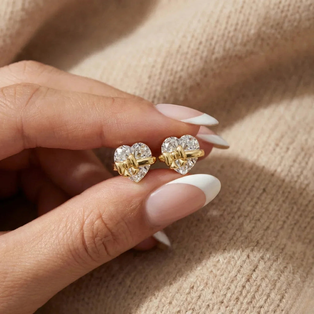 Virellea | Heart Bow Earrings for Women - Gold Sterling Silver Sparkling Elegant Fit-Earrings-Gold-Camoufit