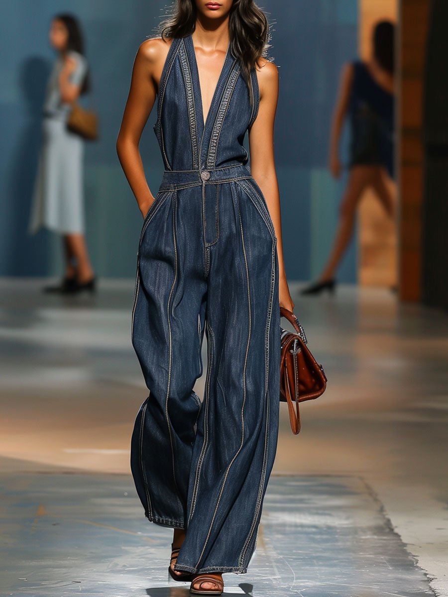 Velina | Denim Jumpsuit for Women - V Neck Sleeveless Wide Leg Pocket Vintage Loose Casual Fit-Jumpsuit-Dark Blue-XS-Camoufit