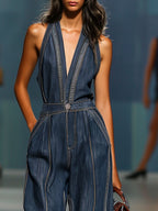 Velina | Denim Jumpsuit for Women - V Neck Sleeveless Wide Leg Pocket Vintage Loose Casual Fit-Jumpsuit-Dark Blue-XS-Camoufit