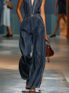 Velina | Denim Jumpsuit for Women - V Neck Sleeveless Wide Leg Pocket Vintage Loose Casual Fit-Jumpsuit-Dark Blue-XS-Camoufit