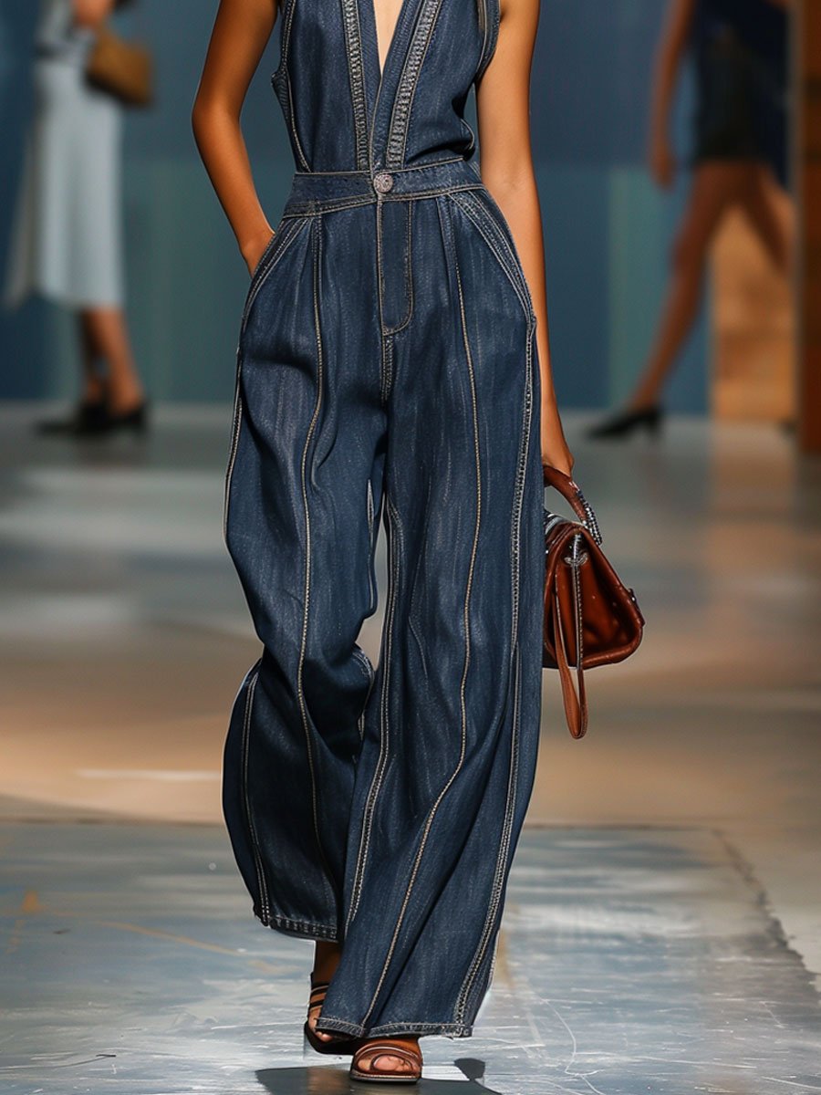 Velina | Denim Jumpsuit for Women - V Neck Sleeveless Wide Leg Pocket Vintage Loose Casual Fit-Jumpsuit-Dark Blue-XS-Camoufit