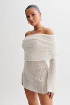 Solenne | Off Shoulder Knit Mini Dress for Women - Fold Over Long Sleeve Regular Fit-Mini Dress-White-XS-Camoufit