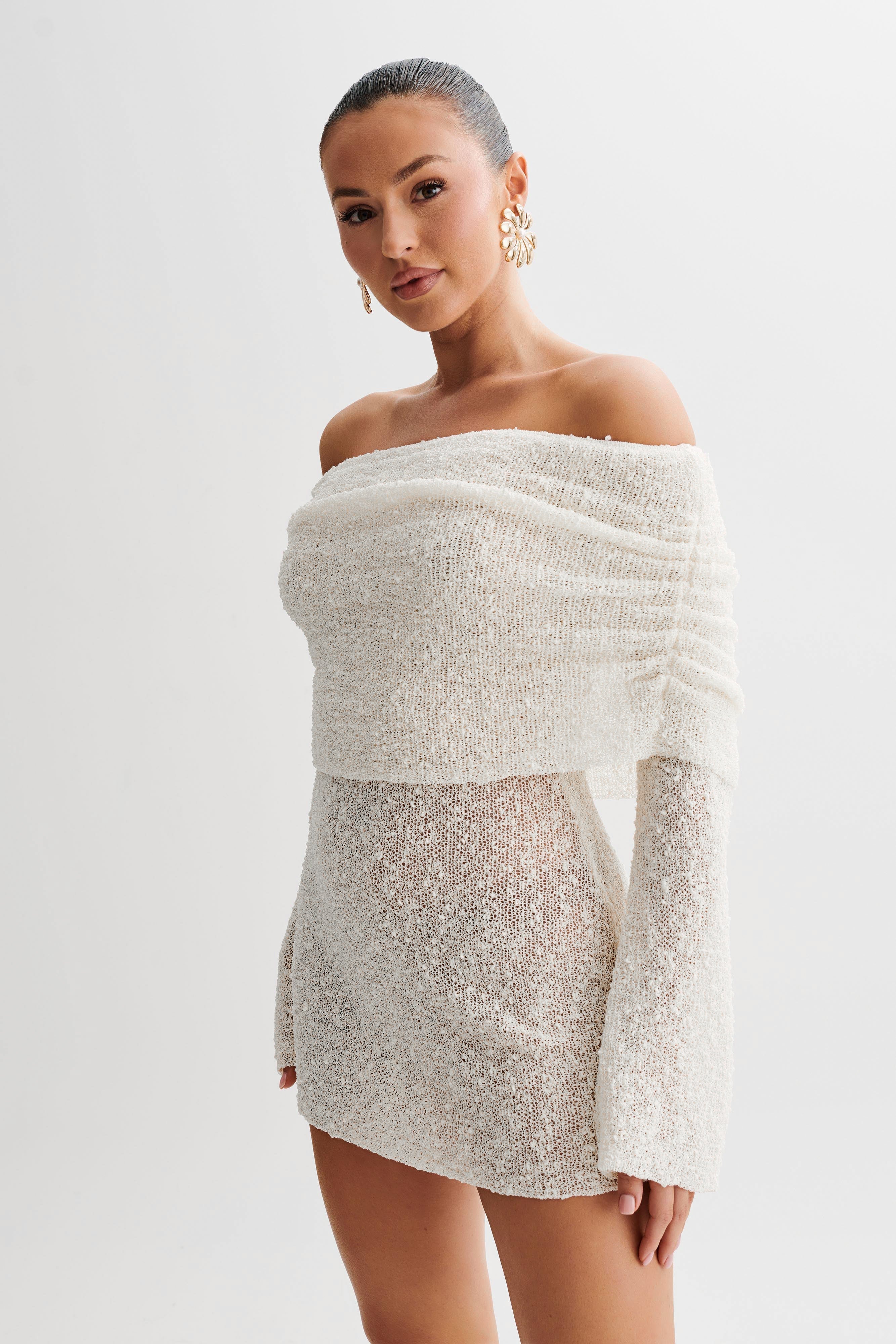 Solenne | Off Shoulder Knit Mini Dress for Women - Fold Over Long Sleeve Regular Fit-Mini Dress-White-XS-Camoufit