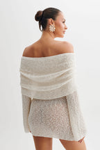 Solenne | Off Shoulder Knit Mini Dress for Women - Fold Over Long Sleeve Regular Fit-Mini Dress-White-XS-Camoufit