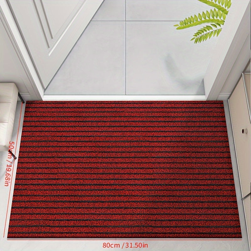 Red low-profile entry doormat with dense ribbed stripe surface and border