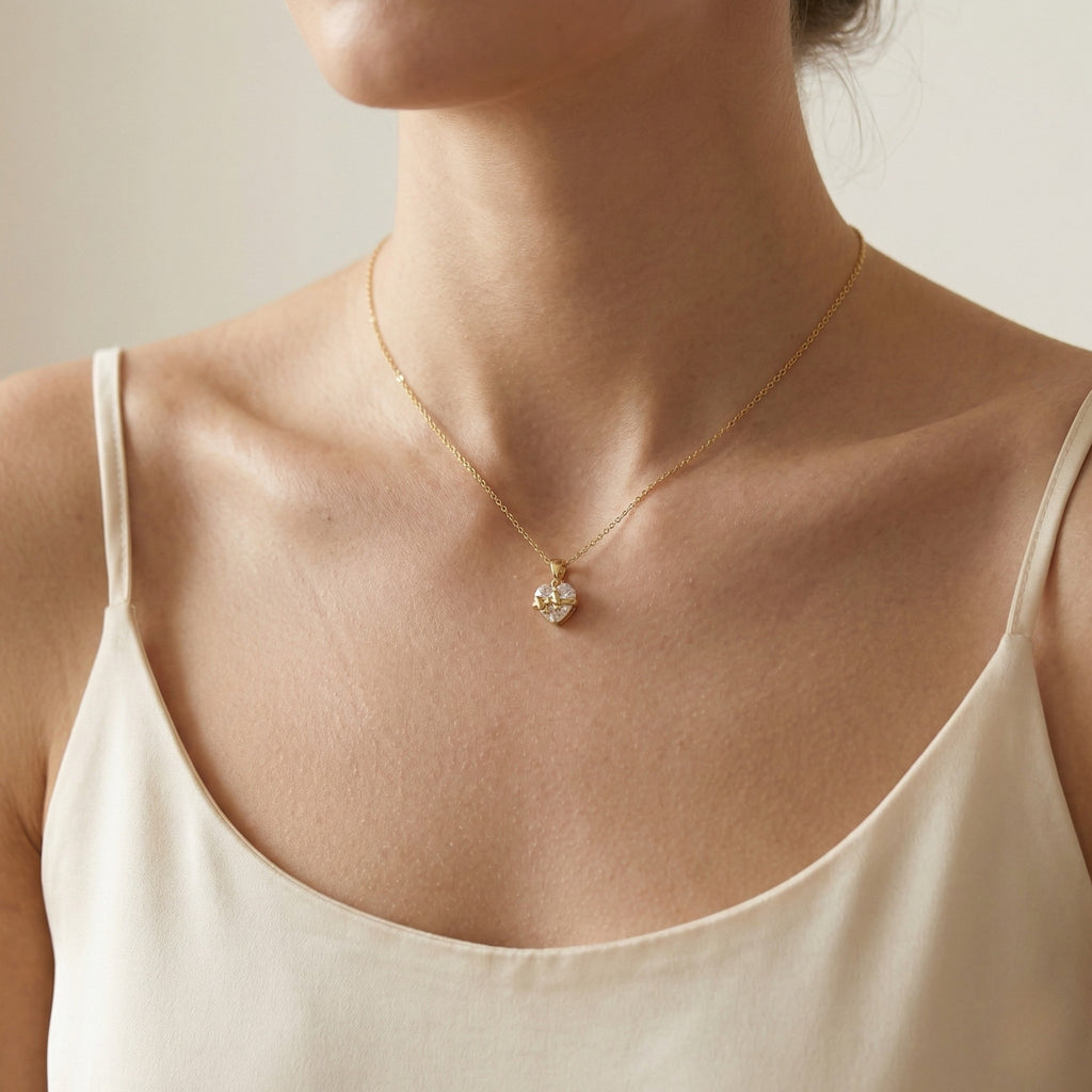 Yavina | Heart Necklace for Women - Gold Bow Sparkling Stone Delicate Elegant Fit-Necklaces-Gold-Camoufit
