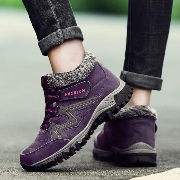 Purple winter boots with faux fur collar, hook-and-loop straps, rugged non-slip outsole