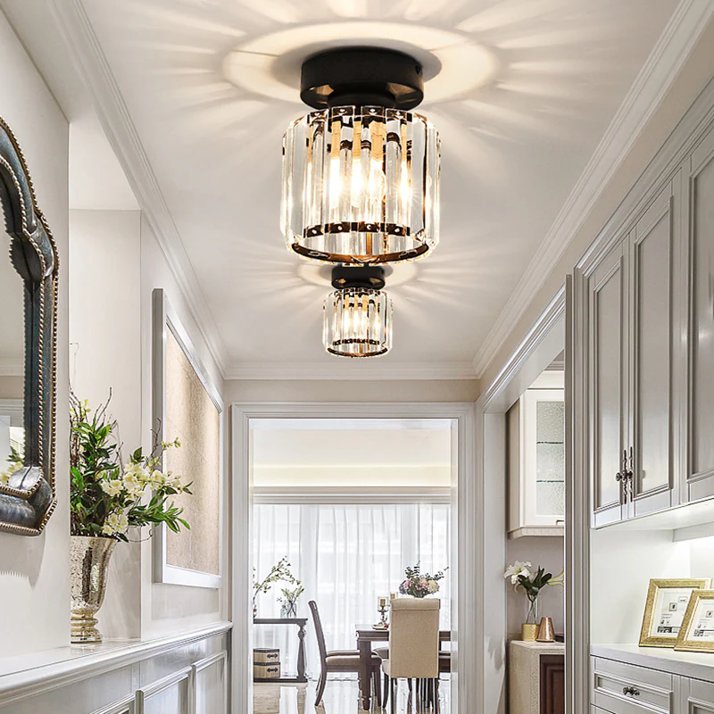 Modern Crystal Ceiling Lamp – Crystal Flush Mount Ceiling Light with Brass Fixture, Round or Square, Gold or Black – CrystalGlow