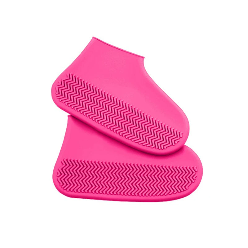 Pink reusable waterproof shoe covers with elastic ankle and zigzag tread soles