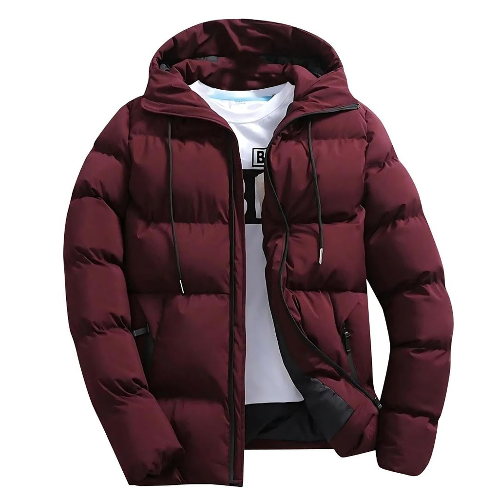 Men's burgundy puffer winter parka with adjustable hood, full zip front, side pockets