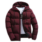 Men's burgundy puffer winter parka with adjustable hood, full zip front, side pockets