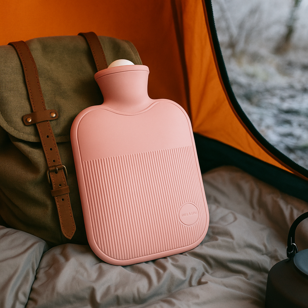 Large hot water bottle with ribbed soft cover, blush pink, round embossed badge