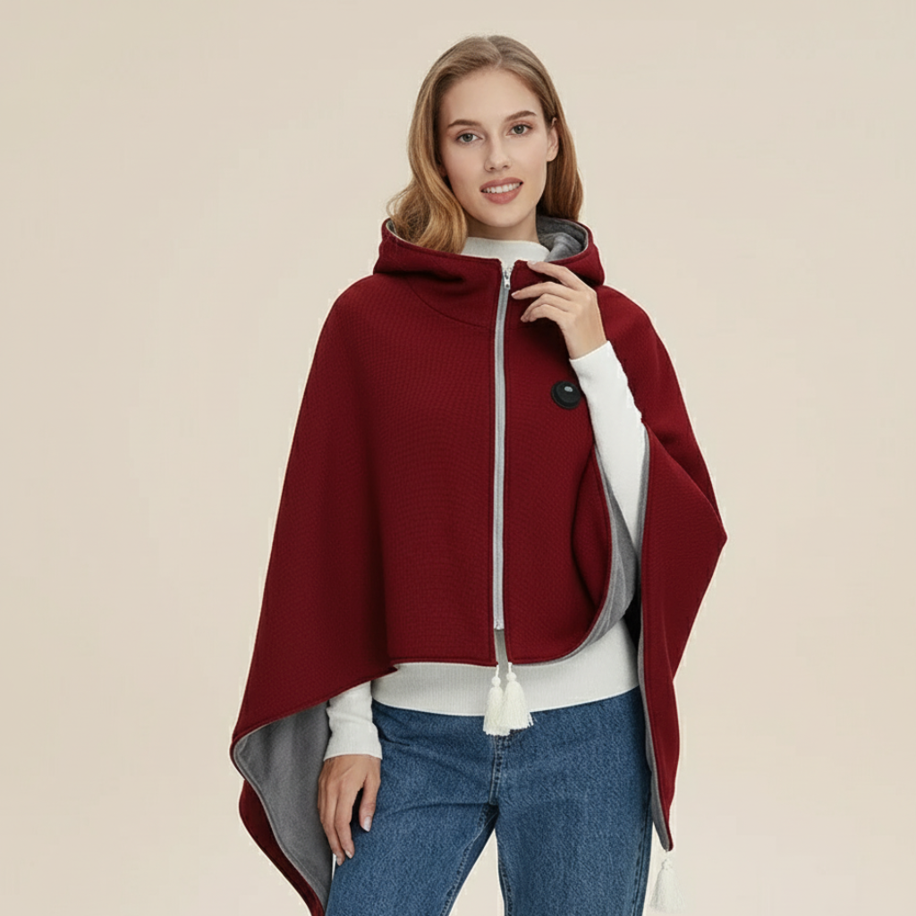 Red USB heated blanket cape with full-length zipper and round button patch