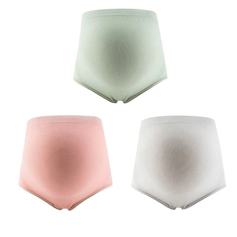 Maternity high-waisted over-bump briefs, 3-pack in sage, blush, and light gray