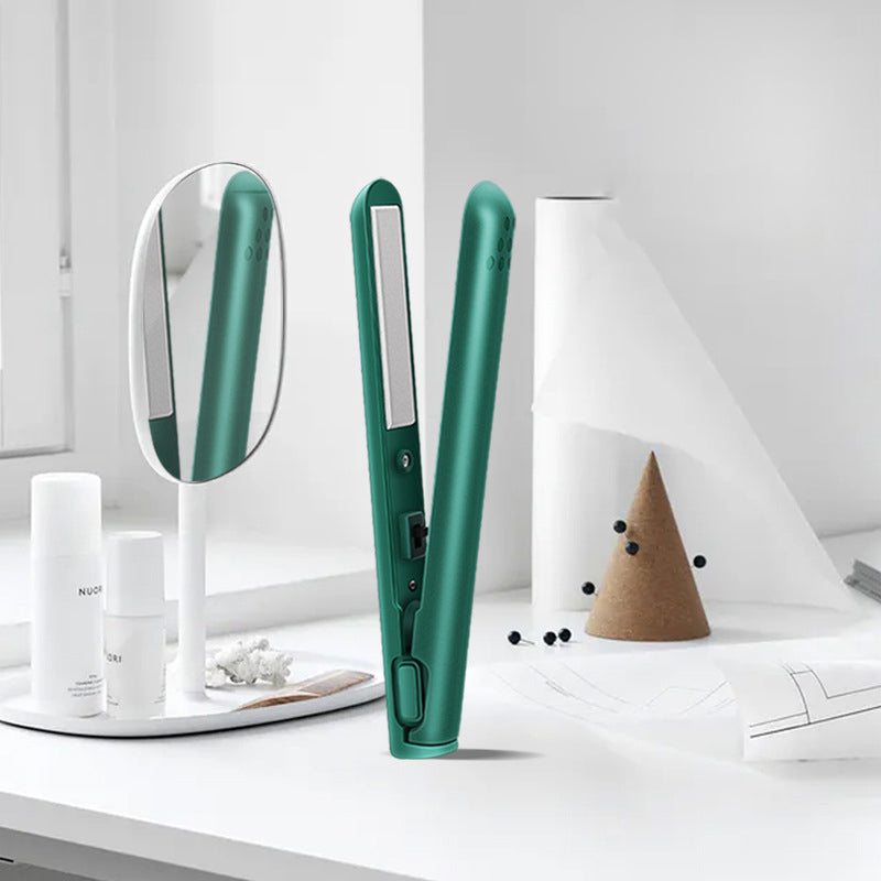 Mini 2-in-1 travel curling and straightening iron with teal/green plates