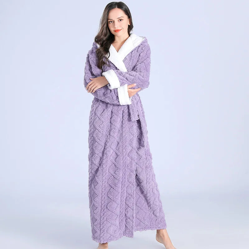 Women's hooded flannel robe, lavender purple, hooded belted wrap with long sleeves