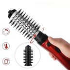 3-in-1 hot air hair brush dryer with red handle and round brush head attachment